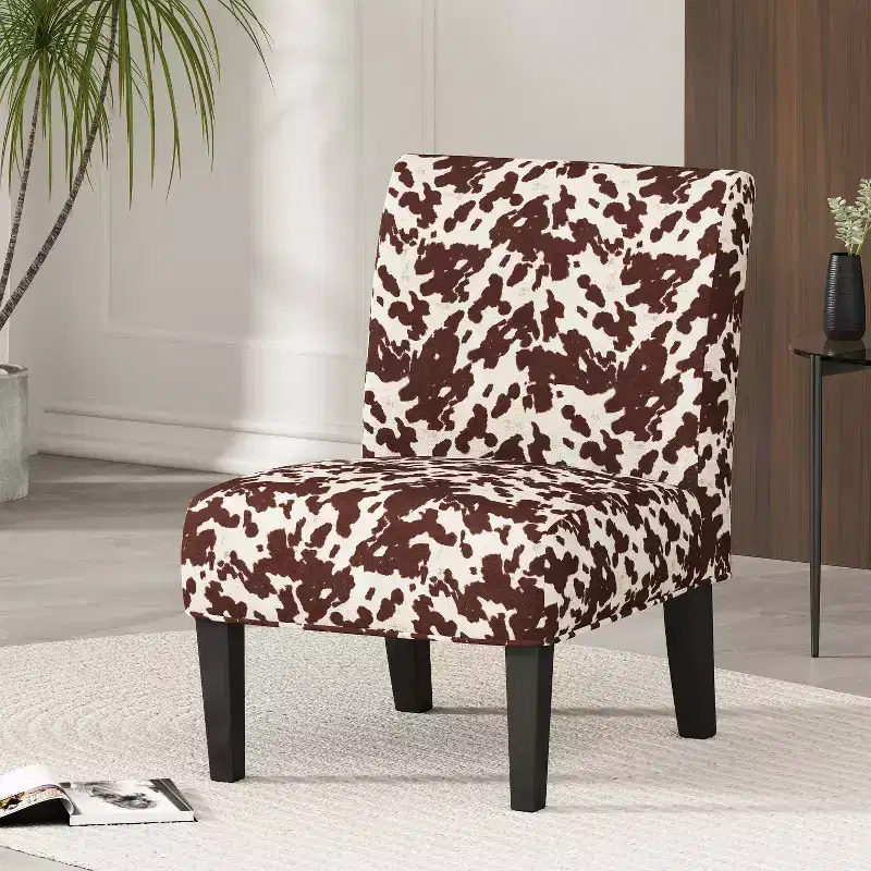 Cowhide Print Upholstered Accent Chair - Rubberwood Frame, Polyester Fabric