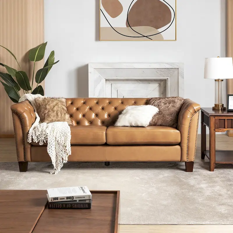 Regina 82.5 Tufted Genuine Leather Sofa Couch for Living Room By HULALA HOME