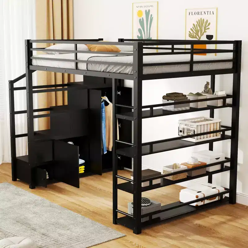 Whisen Full Size Loft Bed with 4-Tier Shelves & Stair Storage, Safe & Easy to Assemble(Upgraded) - Black