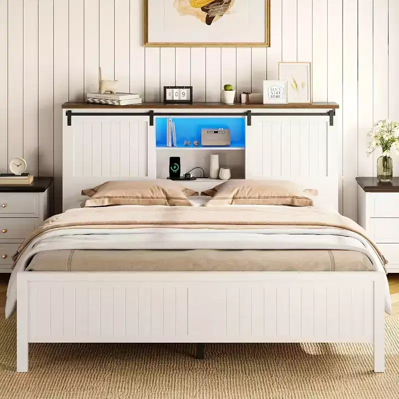 Bed Frame With LED & Charging Station, Platform Bed With Storage Bookcase Headboard,Sliding Barn Door, No Box Spring Needed (Walnut+White)