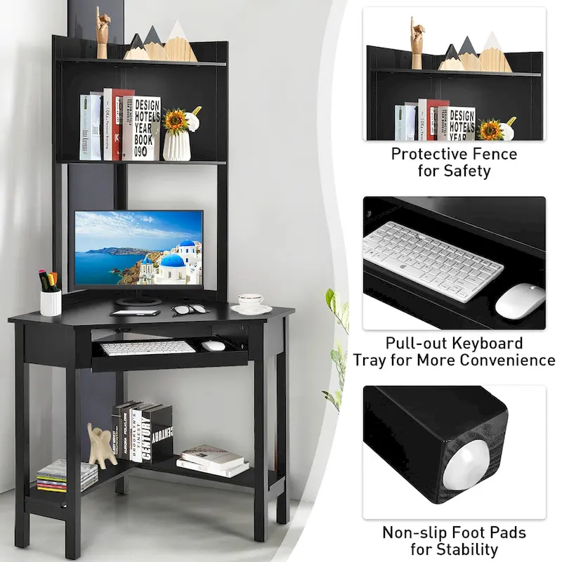 Triangle Corner Desk with Hutch - Bookshelves - Keyboard Tray - Black/White