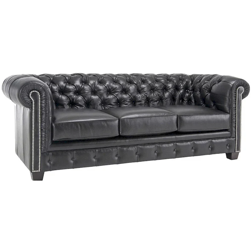 Black Tufted Chesterfield Leather Sofa, 3-Seater