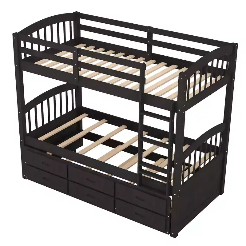 Wood Twin over Twin Bunk Bed with Ladder, Trundle & Drawers