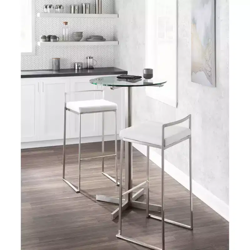 LumiSource Set of 3 Fuji Stacker Barstools Stainless Steel/White Velvet