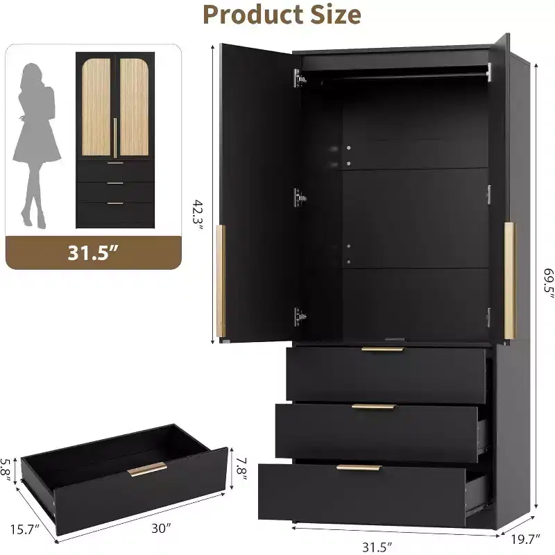 Rattan Armoire Wardrobe Closet with 3 Drawers & 2 Doors, Tall Wooden Wardrobe for Hanging Clothes, Bedroom Storage Cabinet