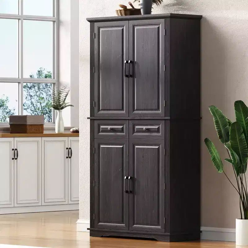 Okak 71 Embossed Texture Kitchen Pantry Sideboard Cabinet with Pull Out Storage, Freestanding Cupboard Buffet Cabinet for Kitchen Dining Room