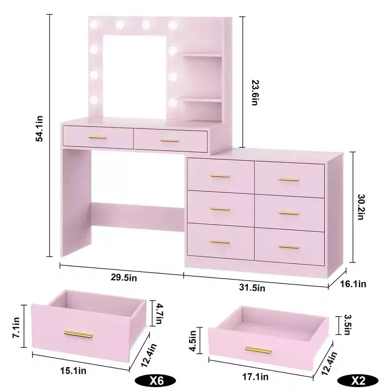 GustoWave 61 Make up Vanity Desk with Mirror and Lights, Pink Vanity with 8 Wide Storage Drawers, 3 Lighting Modes with Adjustable Brightness