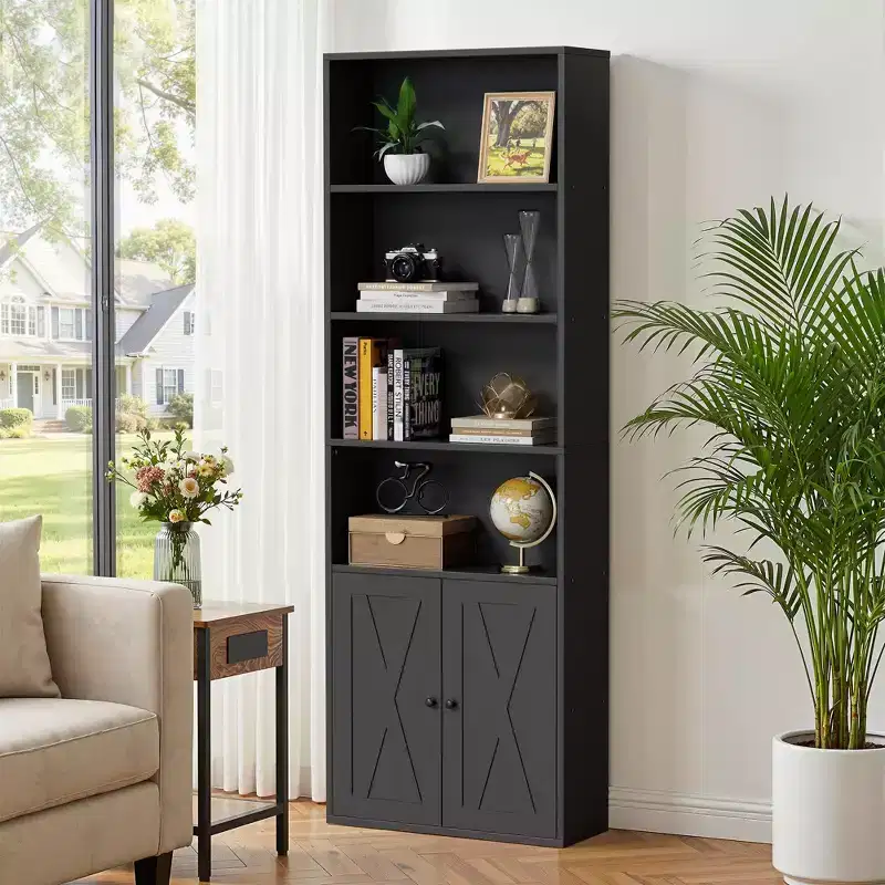 Celebalcony Bookshelf, 70.9 Farmhouse Bookcase with 6-Tier & 2-Door Cabinet, Display Storage Rack