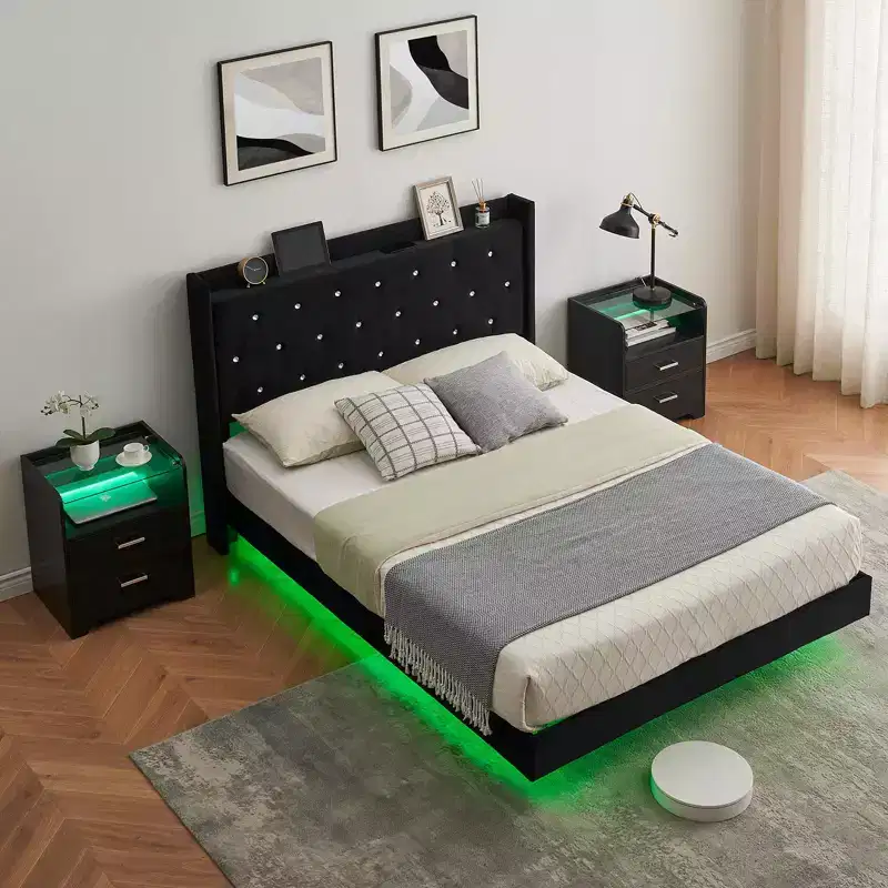 Floating Bed Frame, Modern Platform Bed Frame, Wood Slats Support, Upholstered Headboard, No Box Spring Needed, Black