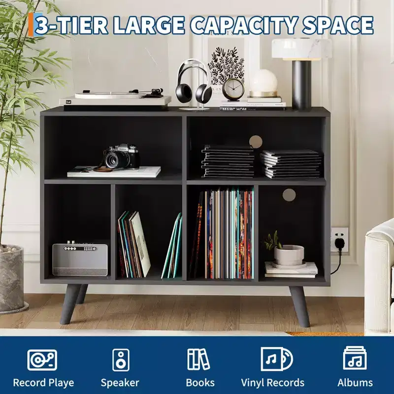39.5 In Modern Record Player Stand with Charging Station, Engineered Wood Turntable Cabinet Holds 350+ Vinyl Albums, for Living Room, Bedroom, Office