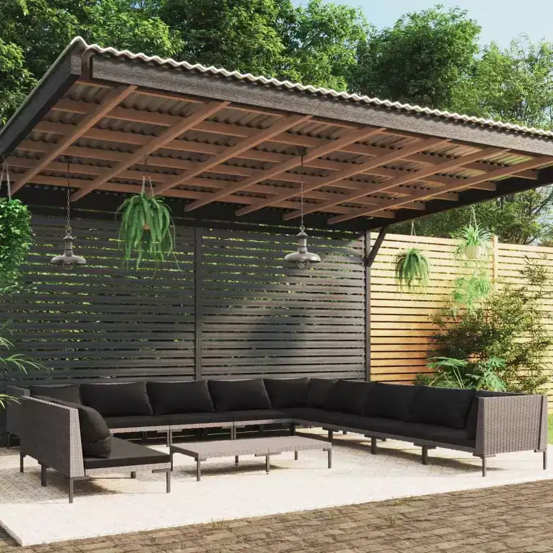 vidaXL Patio Lounge Set Outdoor Sectional Sofa 12 Piece Poly Rattan Dark Gray with Cushions - Perfect for Garden, Deck, or Patio