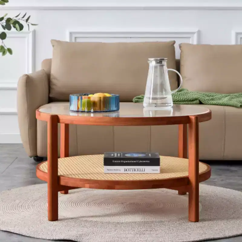 Round Double-Layer Solid Wood Coffee Table, Glass Top & PE Rattan Lower Shelf