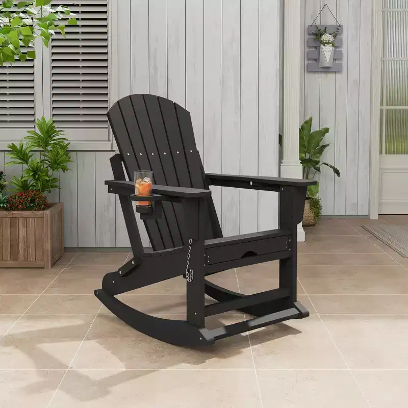 Rocking Adirondack Chairs, Folding Adirondack Rocking Chair With Footrest, Adirondack RockingChair Outdoor With Retractable Ottoman and Cup Holder