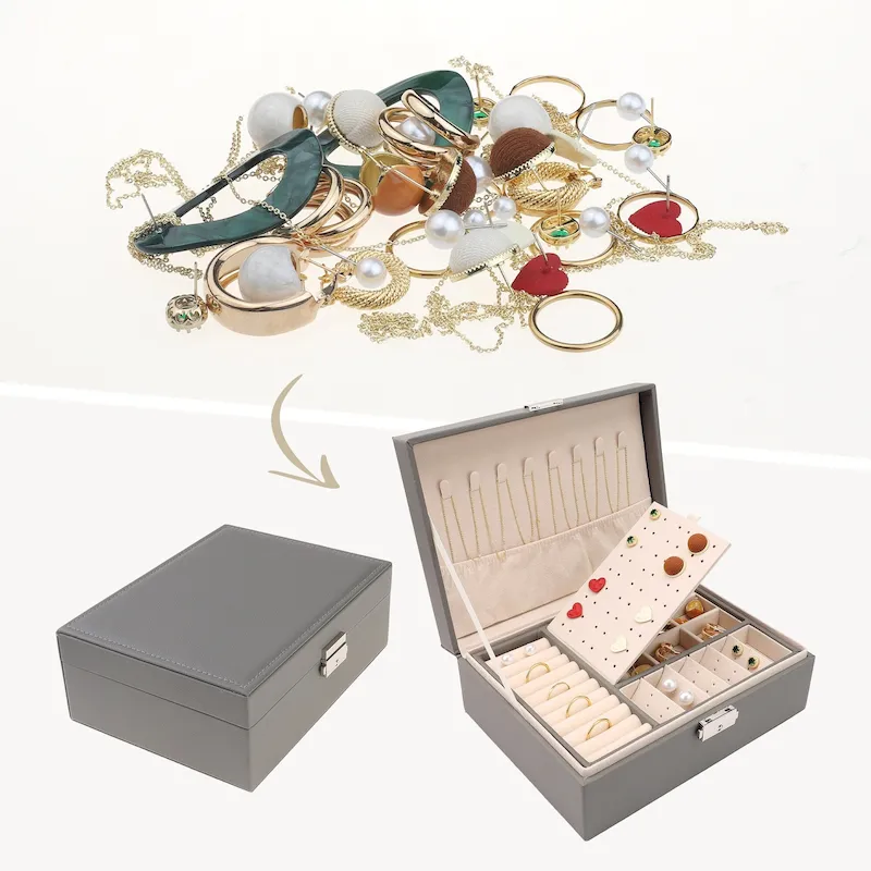 2 Layer Jewelry Box for Girl Women Birthday Gifts, PU Leather Jewelry Organizer Case Storage with Drawer, Removable Jewelry Tray