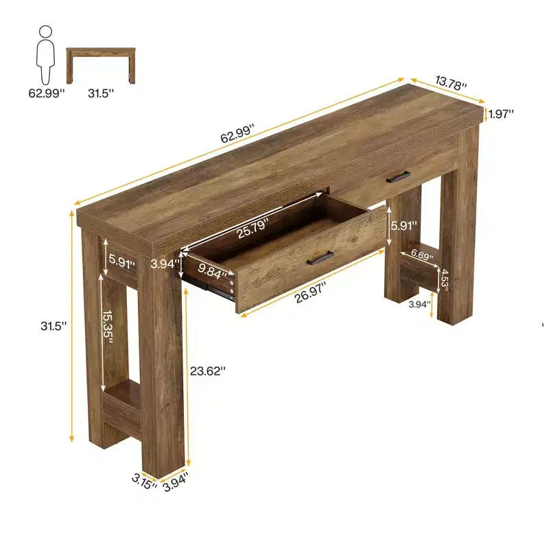 MAYEERTY 63-Inch Farmhouse Console Table, Entryway Table with H-Shaped Legs and 2 Drawers