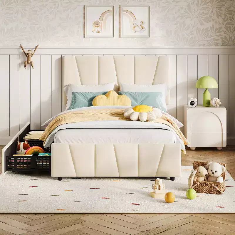 Twin Size Bed Frame with Adjustable Headboard and 2 Storage Drawers, Velvet Upholstered Tufted Platform Bed, No Box Spring Needed, Beige