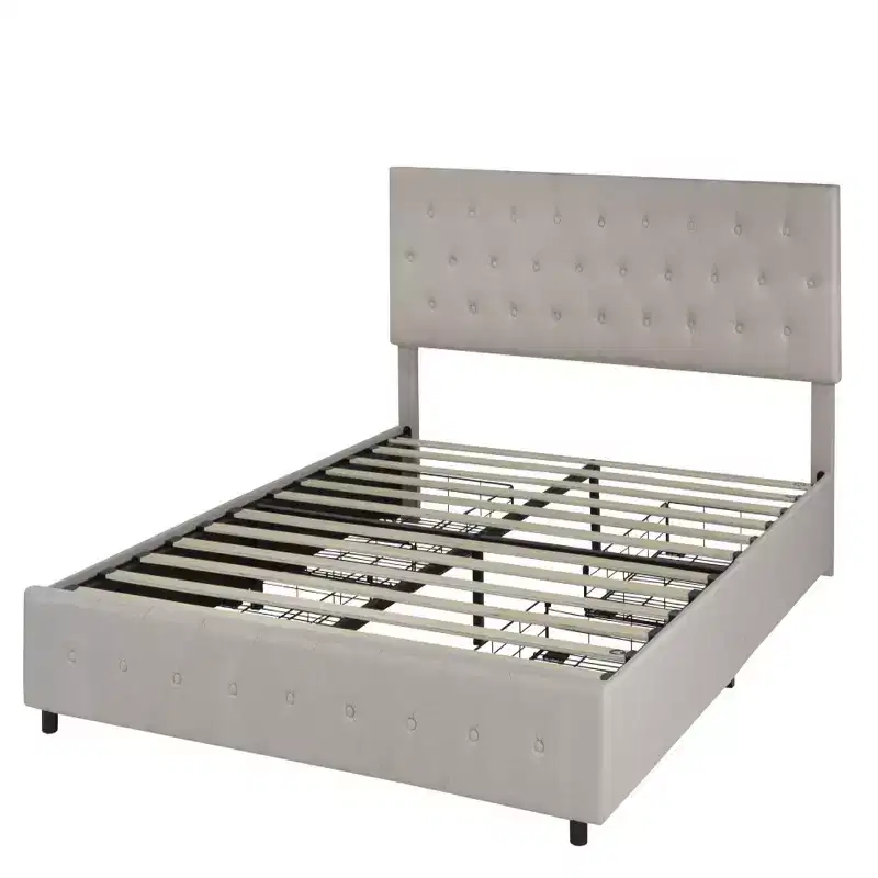 Twin Platform Storage Bed with 4 Drawers & Tufted Headboard, Beige