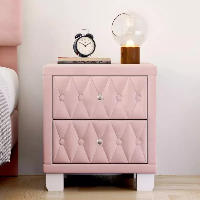 Elegant Velvet Nightstand with 2 Drawers, Button-Tufted Bedside Table with Crystal Handles for Bedroom or Living Room