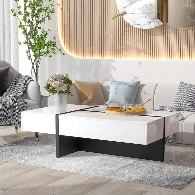 45.2in Modern High Gloss Coffee Table, Rectangular Surface, Contemporary Living Room Accent Table