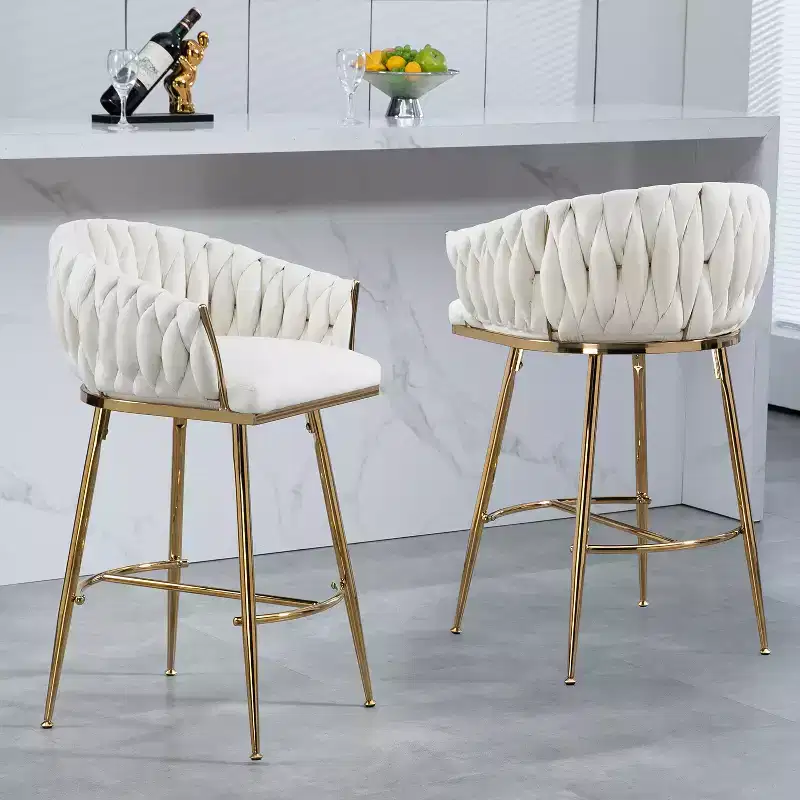 26 Inch Counter Height Bar Stool, Velvet Kitchen Island Stool with Wave Back, Gold Chrome Base and Footrest, Beige