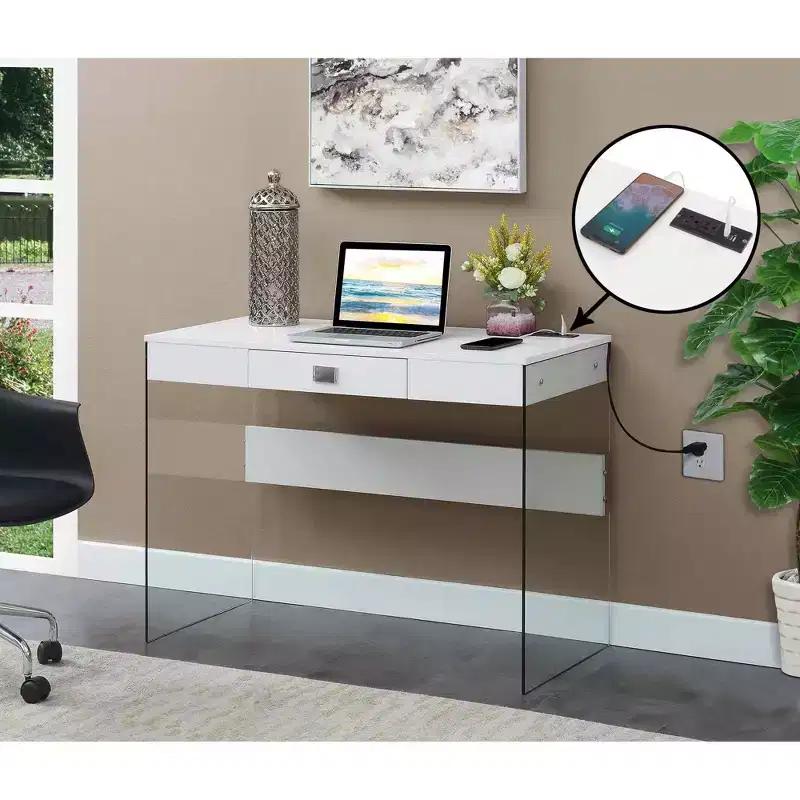 42 Inch SoHo Glass Top Home Office Desk with Built-In Charging Station