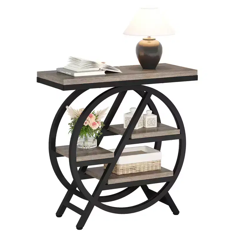 Zeus & Ruta 25.59 Modern Gray End Table with Geometric Metal Frame and 3-Tier Storage Shelves