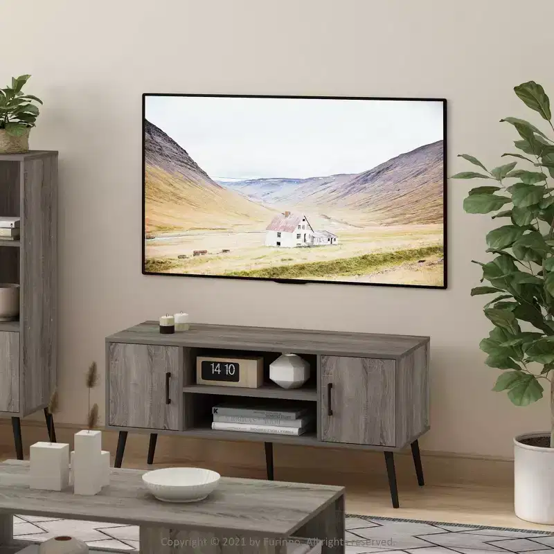 Mid-Century TV Stand with 2 Cabinets & Open Storage Shelves for TVs up to 50