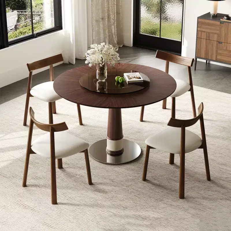 GDFStudio Torres 5-Piece Solid Wood Round Dining Table Set with Tempered Glass Lazy Susan and 4 Chairs