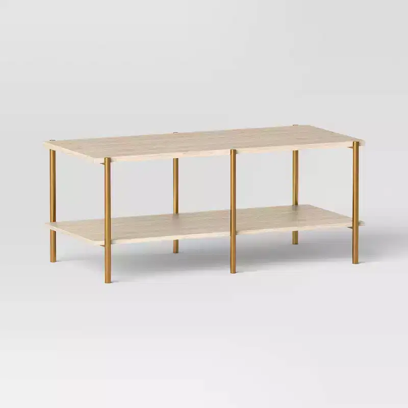 Rectangular Coffee Table with Built-in Shelf and Brass Metal Legs Brown