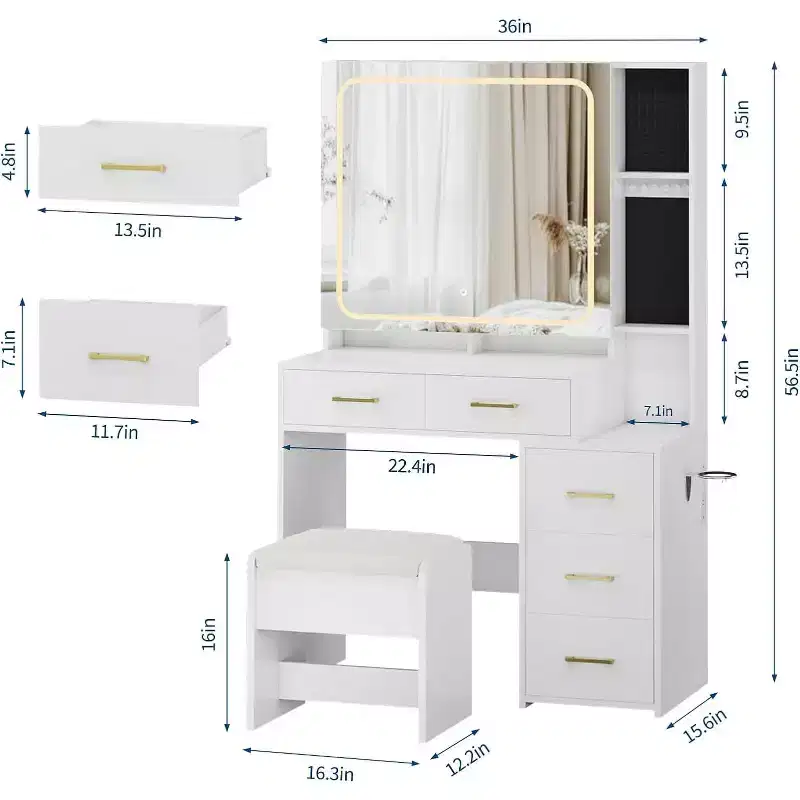 Makeup Vanity Set with Mirror and Lights, Vanity Desk with 5 Drawers, Stool & Power Outlet, 3-Color Lighting Modes with Adjustable Brightness