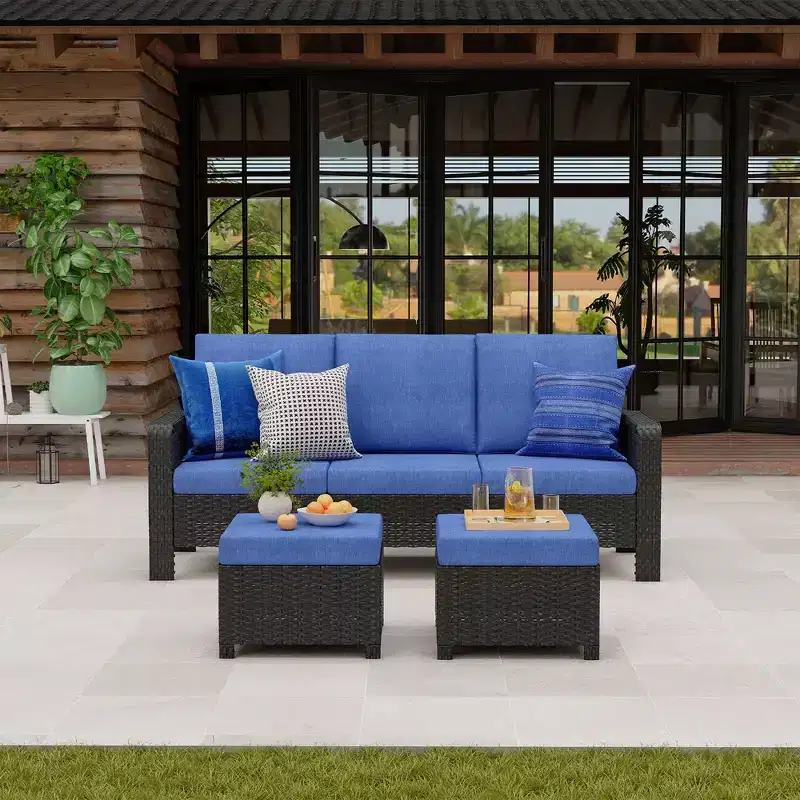 GDFStudio Byron Modern 3-Piece Wicker Outdoor Chat Set with 3-Seat Sofa and 2 Ottomans