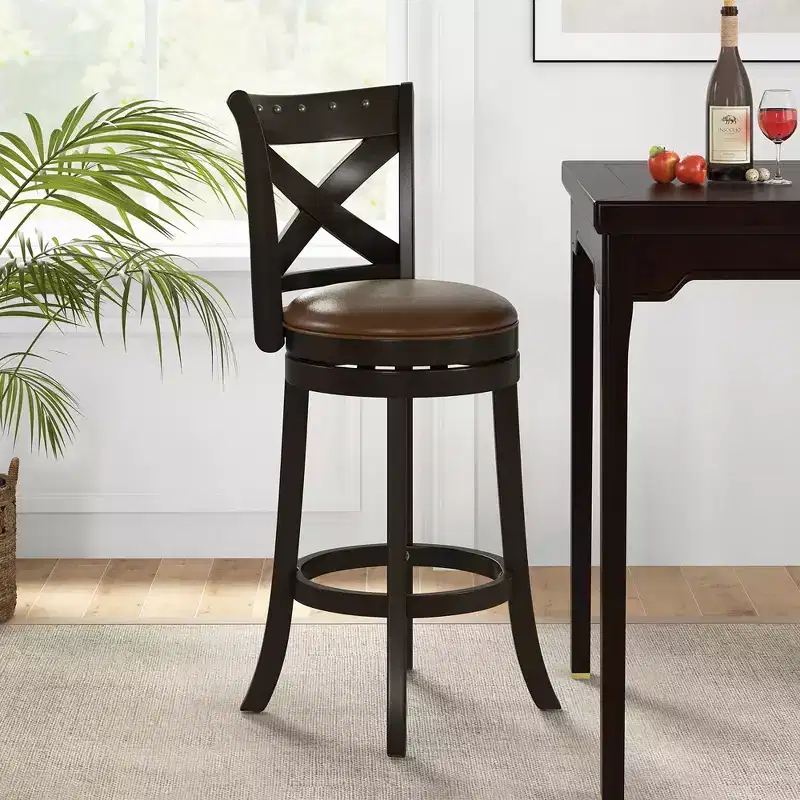 31 Swivel Bar Stool Bar Height PU Leather Seat Rubber Wood Legs Footrest