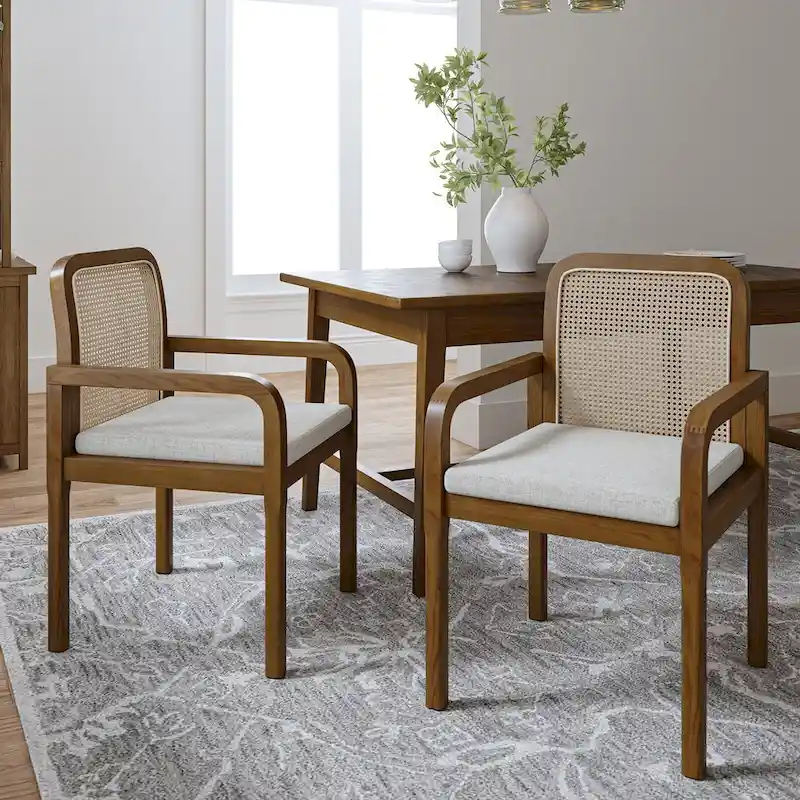 Modern Rattan Back Dining Chair with Removable Cushion | Boho Style | Set Available