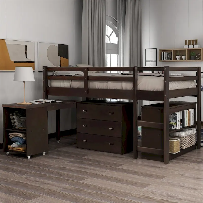 Twin Low Loft Bed with Roll-Out Desk, 3 Storage Drawers & 2-Tier Bookshelf, Pine Wood, Espresso/Gray/White