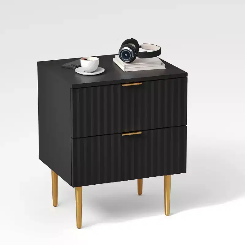 Modern Nightstand with 2 Drawers, Golden and Wood Fluted Night Stand, Bedside Table for Bedroom Apartment