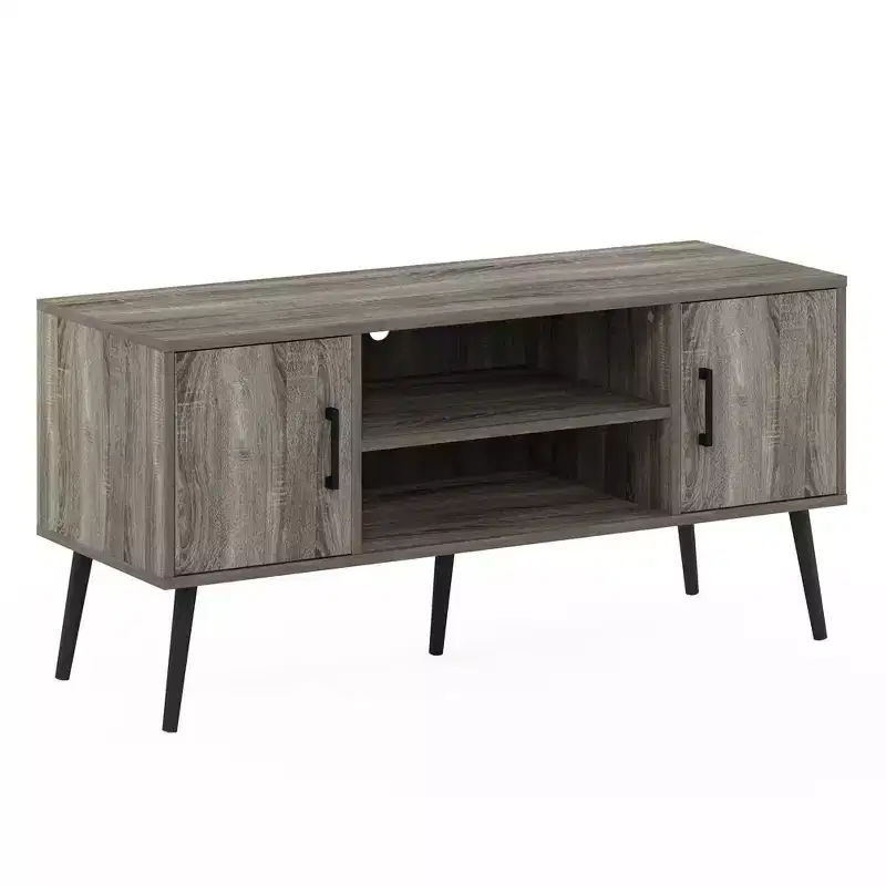 Furinno Mid-Century TV Stand Entertainment Media Console w/2 Cabinets&Open Storage Shelves for TVs up to 50,French Oak Grey