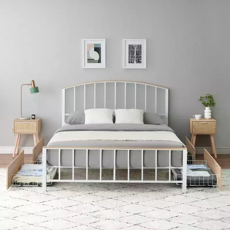 Full/Queen Metal Platform Bed Frame with Headboard and Storage