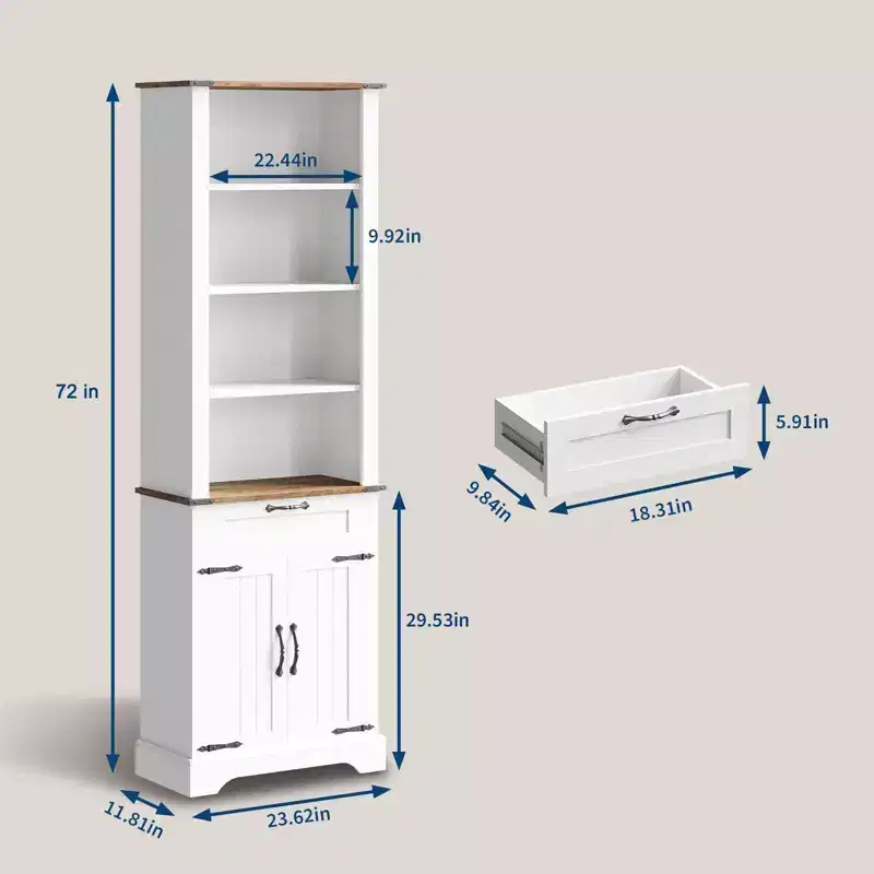 72 Tall Farmhouse Bookcase, Wooden Bookshelf with Storage Cabinet and Drawer, 4 Tier Display Cabinet with Barn Door and Adjustable Shelf