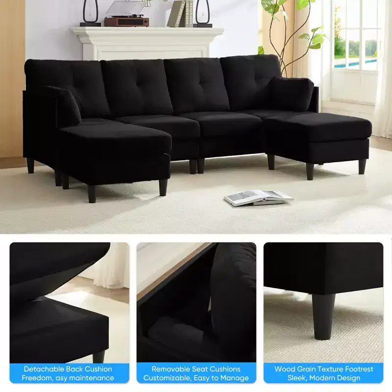 Mjkone Modular Convertible Sectional Sofa Couch, Upholstered Comfy Fabric 4-Seater Sofa with Movable Ottomans