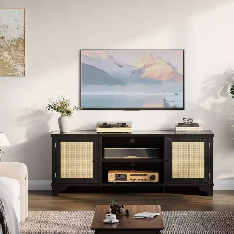 Modern Rattan TV Stand for TVs Up to 70, 61'' Entertainment Center with Cabinet & Open Shelves, Wooden Media Console Table
