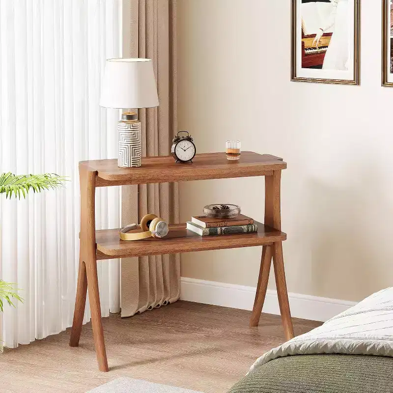 Tall Narrow End Table with 2-Tier Storage Shelf and Solid Wood Legs, Walnut