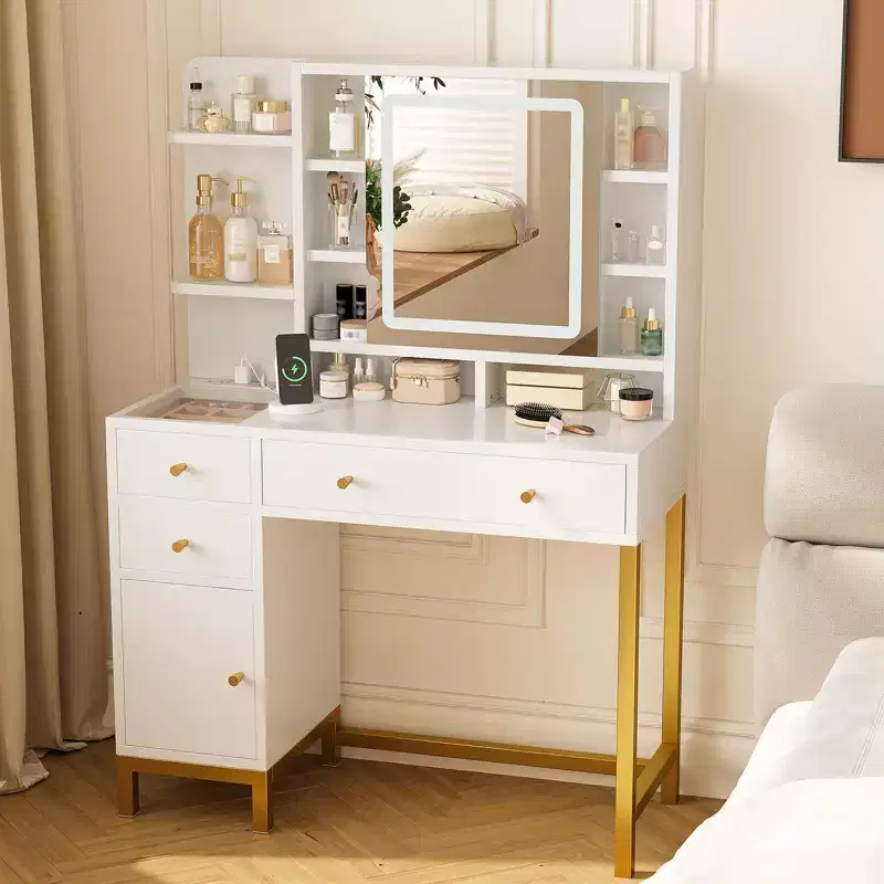 Makeup Vanity with Led Lighted Mirror & Power Outlet, 3 Lighting Modes, Vanity Desk with Acrylic Tabletop White