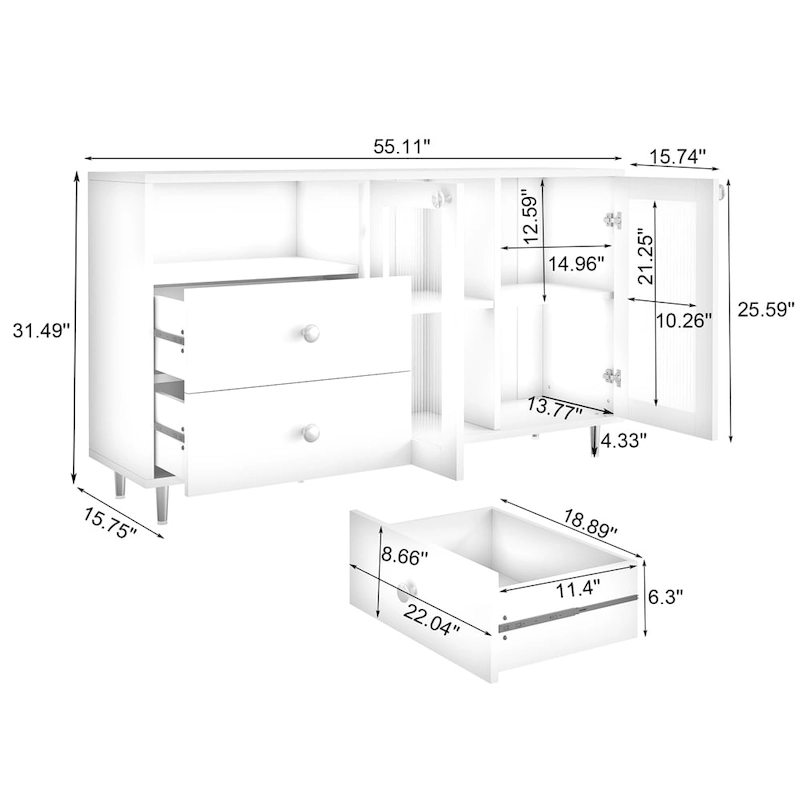 Modern Wood Side Cabinets with Glass Doors and Drawers