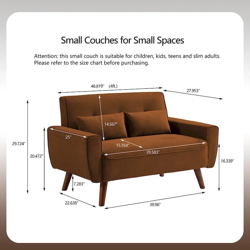 48.82 Small Tufted Loveseat Sofa 2 Set with Tapered Wood Legs