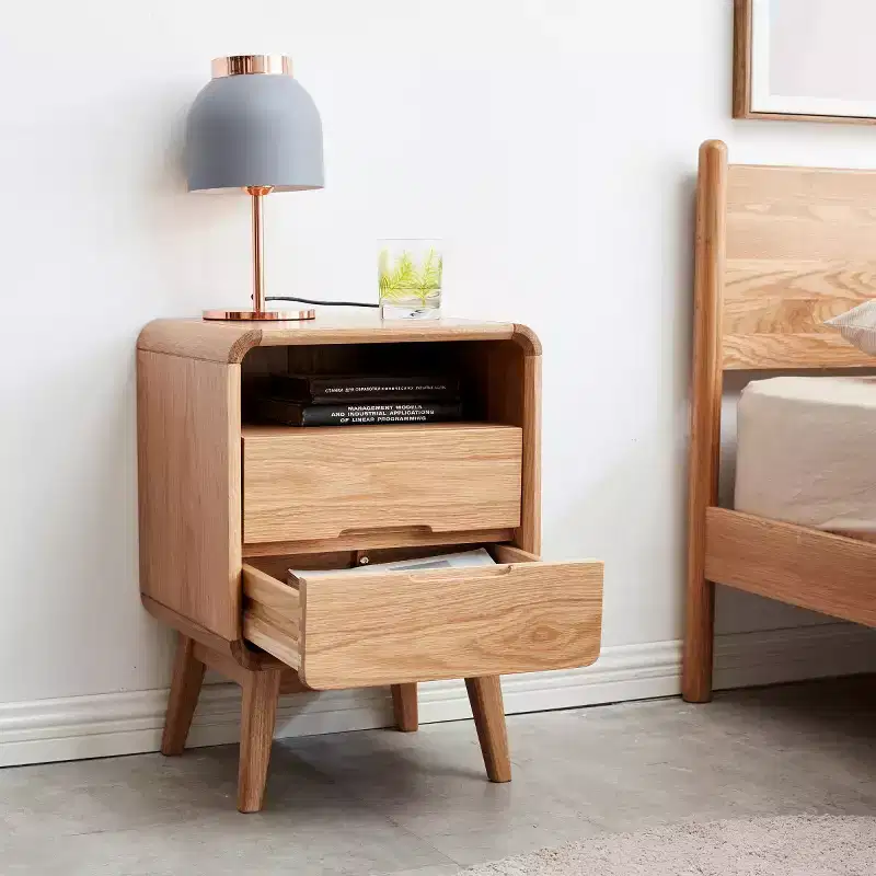 Modern Solid Oak Nightstand with 2 Drawers, Mid-Century Bedside Cabinet with Storage, Compact Wooden Nightstand for Bedroom-Panipeachy