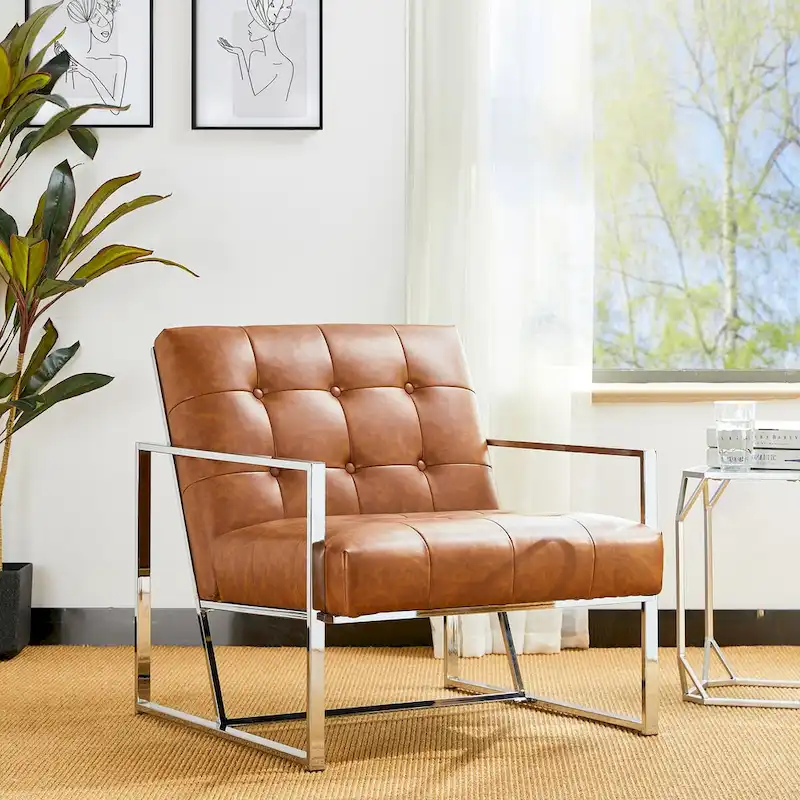 Glitzhome 30.50H Cream Mid-Century PU Leather Tufted Accent Chair with Chrome Plated Frame
