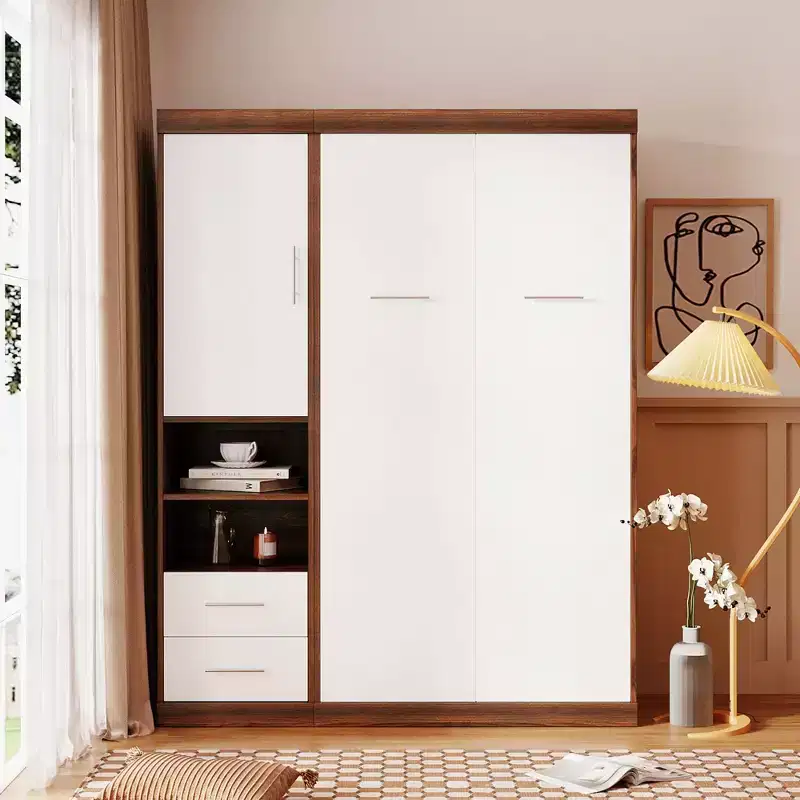 Twin/Full Wood Murphy Bed with Cabinet, Foldable Wall Bed Murphy Bed Cabinet with Storage Shelves for Guest Room