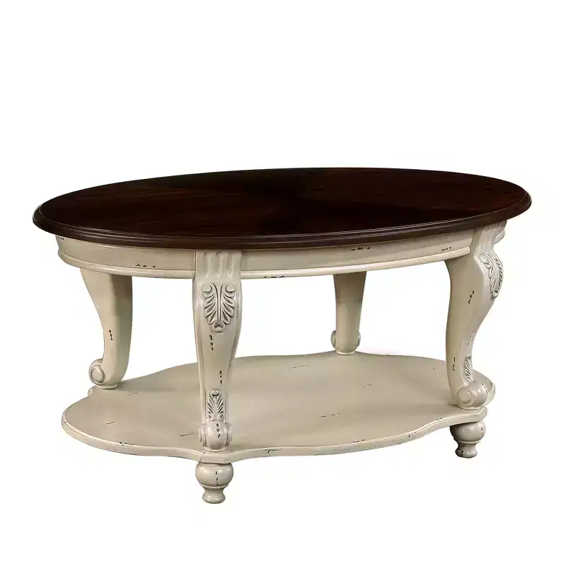 42'' Oval Wood Coffee Table with 2-Tiers and Open Storage Shelf for Living Room, Beige and Espresso Top