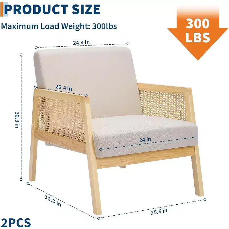 Acekool Set of 2 Mid Century Modern Accent Chairs, Rattan Armrest, Upholstered Linen, Wooden Legs, for Living Room, Bedroom, White