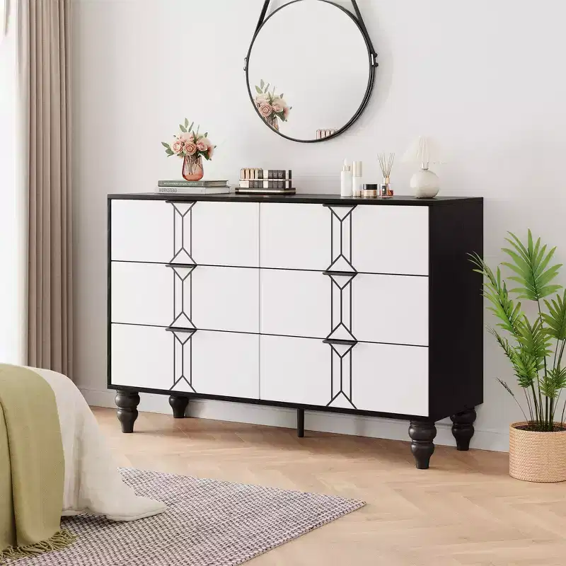 Modern Wooden 6 Drawer Dresser , Vintage Pattern Design for Bedroom, Living Room,